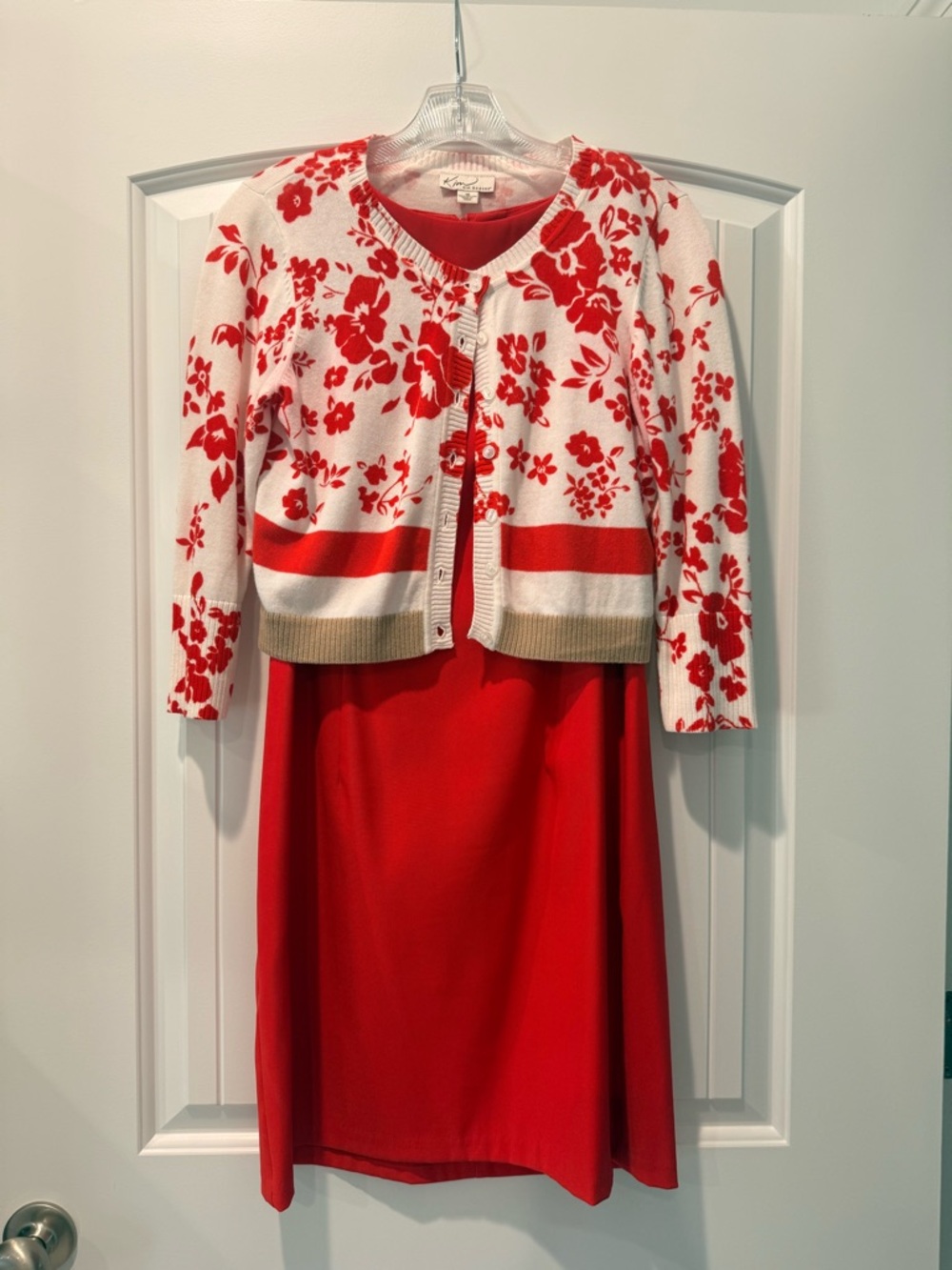 Kim Rogers Red and White Floral Midi Dress with Cardigan